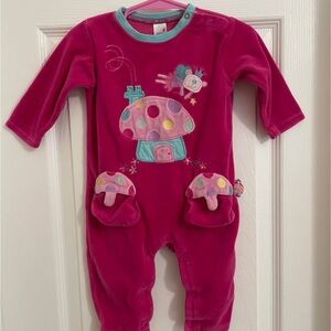 Vibrant Pink Kids Footie with Mushroom and Butterfly Design